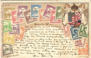 1908 A Magyar kir. Posta bélyegei. Címer dombornyomott litho lap / Set of Hungarian stamps, coat of arms. Philatelie-Ansichtskarte Ottmar Zieher No. 16. Emb. litho (apró lyuk / pinhole)