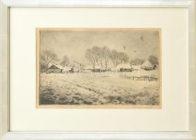 Csergezán Pál (1924-1996): Téli faluhatár. Rézkarc, papír, jelzett. Lap széle kissé sérült és foltos. Üvegezett fa keretben, 19×29 cm