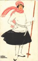 1923 Síelő hölgy művészlap, téli sport, Diana krém reklám a hátoldalon / Skiing lady. Hungarian art postcard, winter sport, creme advertisement s: Győri Aranka (EB)