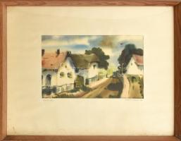 Osváth Miklós (1935-2004): Falusi utca. Akvarell, papír, jelzett, üvegezett fa keretben, 23,5×42,5 cm