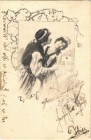 1903 Lady art postcard, romantic couple, folklore. Art Nouveau, floral. Fec. Ch. Scolik (EK)