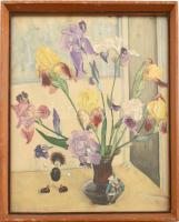 Móricz Margit (1902-1990): Íriszek. Akvarell, papír, jelzett. Üvegezett fa keretben. 34,5×30 cm