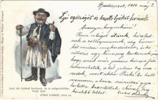 1900 Göre Gábor bíró úr. Göre levelezőlapok és Göre könyvek kiadója Singer és Wolfner / Hungarian humorous folklore greeting card (vágott / cut)