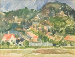 Gulyás Dénes (1927-2003): Ház, 1973. Akvarell, papír, jelzett, hátoldalán Képcsarnok Vállalat címkéjével, 38x50 cm