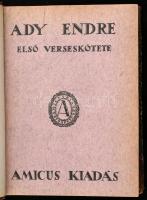 Ady Endre-kolligátum [Egybekötve.]: Ady Endre első verseskötete. Bp.,1920,Amicus,(Hornyánszky V.-ny.),110+2 p. Számozatlan példány. Bekötött elülső papírborítóval.;  Még egyszer. Bp., 1923., Amicus,(Kir. M. Egyetemi Nyomda-ny.), 88 p. Számozatlan példány. Bekötött elülső papírborítóval.;  Margita élni akar. Verses história, melyet szeretettel ajánlok figyelmébe azoknak, akiket szeretnek vagy nem szeretnek. Bp., 1921, Amicus, (Hornyánszky V.-ny.), 76+4 p. A borító grafikája és a fametszetű könyvdíszek Kozma Lajos munkái. Számozatlan példány. Bekötött elülső papírborítóval.;  Rövid dalok egyről és másról. Ady Endre százhetvennégy ismeretlen verse. Összegyűjtötte: Földessy Gyula. Bp., 1923., Amicus, (Hornyánszky V.-ny.),VIII+152 p. A borító grafikája és a könyvdíszek Kozma Lajos munkái. Számozatlan példány. Bekötött elülső papírborítóval. Korabeli átkötött álbordás félbőr-kötés, a gerincen piros címkével, rajta aranyozott felirattal, szecessziós előzéklapokkal, a borítón kopásnyomokkal.