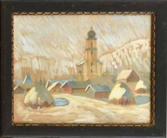 Hénel Gusztáv (1887-1966): Behavazott falu. Akvarell, papír, jelzett. Üvegezett, kissé sérült antik fa keretben. 23×30 cm