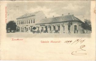 1899 (Vorläufer) Monor, Kossuth tér, Kerületi takarékpénztár, Vitéz János és Feld kereskedései, Herodek István üzlete és saját kiadása