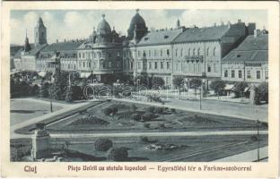1929 Kolozsvár, Cluj; Egyesülési tér, Farkas szobor, Erdélyi bank és takarékpénztár / Piata Unirii cu statuia lupoaicei / square, statue, shops, savins bank