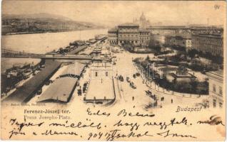 1904 Budapest V. Ferenc József tér, Lánchíd pesti hídfő, teherhajó állomás hatalmas raktárépületekkel (EK)