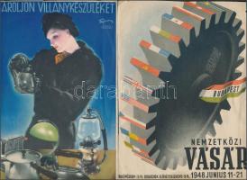 cca 1940-1950 3 db villamosplakát: Baeder Caola arc- és bőrápoló krém, Budapesti Nemzetközi Vásár 1948, Vásároljon villanykészüléket, sérülésekkel, vágott széllel, 22,5x15,5 cm