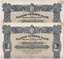 Budapest 1924. Magyar Nemzeti Bank részvény 100K-ról (2x), sorszámkövetők 029.398 - 029.399, szelvényekkel, szárazpecséttel T:I-,II fo. / Hungary 1924. Magyar Nemzeti Bank Hungarian National Bank share about 100 Korona (2x) with sequential serials 029.398 - 029.399, with coupons, embossed stamp C:XF spotted