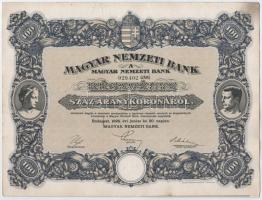 Budapest 1924. Magyar Nemzeti Bank részvény 100K-ról (2x), szelvényekkel, szárazpecséttel T:I-,II fo. / Hungary 1924. Magyar Nemzeti Bank Hungarian National Bank share about 100 Korona (2x) with coupons, embossed stamp C:XF spotted