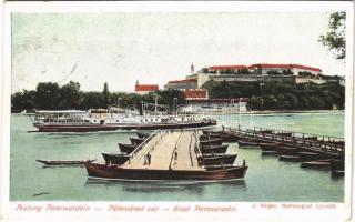1908 Pétervárad, Peterwardein, Petrovaradin (Újvidék, Novi Sad); vár, hajóhíd, TEGETTHOFF gőzüzemű oldalkerekes személyhajó / castle, pontoon bridge, steamship
