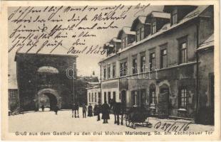 1916 Marienberg, Gasthof zu den drei Mohren am Zschopauer Tor / winter, restaurant, gate (EK)