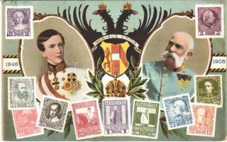 1848-1908 Ferenc József uralkodásának 60. évfordulója, bélyeges szecessziós jubileumi lap / Franz Josephs 60th anniversary of reign. stamps, Art Nouveau. E.Z.W. IX. No. 10.