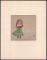 Ország Lili (1926-1978): Copfos lányka. Színes filctoll, papír, paszpartuban, Ország Lili hagyatéki bélyegzővel, eredetiséget igazoló írással a paszpartu alján (Vasilescu-gyűjtemény). 14,5×16,5 cm