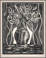 Deák István (1936-): Virágcsendélet. Linómetszet, papír, jelzett, paszpartuban, 21×16,5 cm
