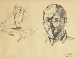 Holló László (1887-1976): Alak és portré tanulmány, 1955. Tus, papír, jelzett, üvegezett fa keretben, 21×27 cm