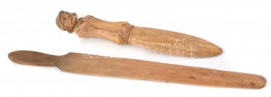 2 db fa levélbontó, közte: Zakopanei bajuszos férfi fejes fa levélbontó, kopásnyomokkal, h: 26 és 39 cm