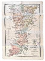 cca 1900-1910 Temes vármegye térképe, szerkesztette: Krausz Adolf, Révai és Salamon Műintézete Bp., vászonra kasírozva, kissé viseltes, 43x30