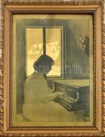 Barta Ernő (1878-1956): A szonáta, 1908. Litográfia, papír, jelzett. Üvegezett, sérült fa keretben, 53x40 cm