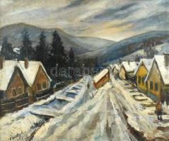 Élesdy István (1912-1987): Téli falu. Olaj, vászon, jelzett. Javított. Dekoratív, sérült keretben. 60x70 cm