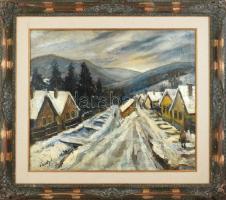 Élesdy István (1912-1987): Téli falu. Olaj, vászon, jelzett. Javított. Dekoratív, sérült keretben. 6...