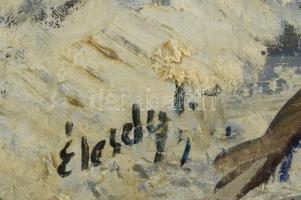 Élesdy István (1912-1987): Téli falu. Olaj, vászon, jelzett. Javított. Dekoratív, sérült keretben. 6...