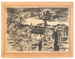 Komjáti-Wanyerka Gyula (1894-1958): Budapest ostroma 1945. Rézkarc, papír, jelzett, foltos, paszpartuban, 27×39 cm
