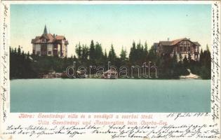 1902 Tátra, Magas Tátra, Vysoké Tatry; Csorba tó, Szentiványi villa és vendéglő. Kiadja Cattarino 135. / Csorber See / Strbské Pleso / hotel, lake (apró szakadás / tiny tear)