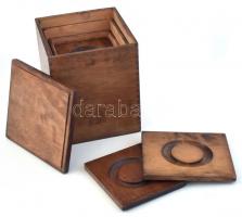 4 részes, egybe rakható, fa tartódoboz, fa fedelekkel, kopásnyomokkal, 12x11x13 cm és 16x17,5x20 cm közötti méretben