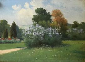 Zorkóczy Gyula (1873-1932): Virágos park. Olaj, vászon, jelzett. Dekoratív, historizáló, üvegezett, sérült blondel keretben, 50×70 cm