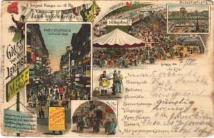 Leipzig, Gruss von der Leipziger Messe, Augustusplatz, Petersstrasse. Art Nouveau, floral, litho (Rb)