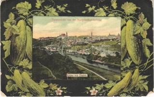 Znojmo, Znaim; Totalansicht von der Nordwestbahnbrücke. Art Nouveau with cucumbers (EM)