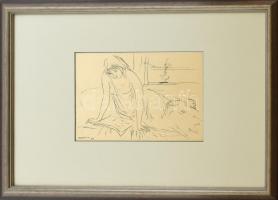 Borsos Miklós (1906-1990): Olvasó lány. Rézkarc, papír, jelzett a rézkarcon, üvegezett fa keretben, 23x32 cm