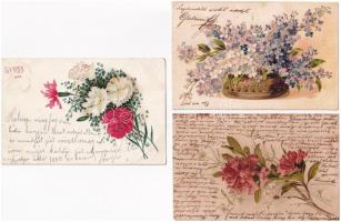 3 db RÉGI motívum képeslap: virágos üdvözlő / 3 pre-1945 motive postcards: floral greetings