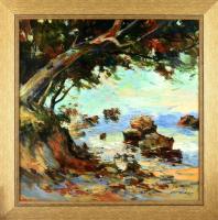 Tarasz Tabaka (1965-): Tengerparti sziklák. Olaj, vászon, jelzett. Dekoratív keretben. 80×80 cm