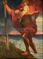 Hidvégi K jelzéssel: Szent Kristóf. Olaj, vászon. Sérült. Díszes, sérült fa keretben, 84x62 cm