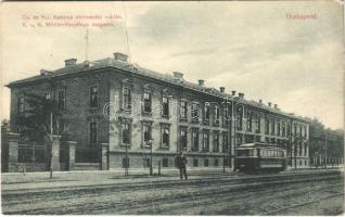 1914 Budapest XIII. Cs. és kir. katonai élelmezési raktár, villamos (fa)