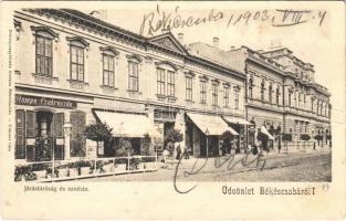 1903 Békéscsaba, Járásbíróság és színház, Stampa cukrászda, Leszich Gábor műórás üzlete, könyvnyomda (fa)