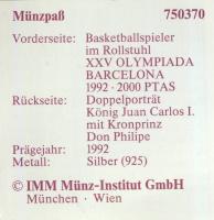 Spanyolország 1992. 2000P Ag "Olimpia-kerekesszékes kosárlabda" T:PP Tanúsítvánnyal!