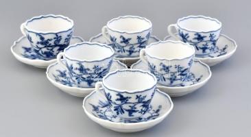 6 db Meisseni porcelán mokkás csésze, aljjal. Máz alatti kék festés, kétféle jelzéssel, lepattanással egyik csészén