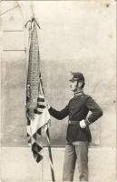 Osztrák-magyar katona zászlóval / WWI Austro-Hungarian K.u.K. military, soldier with flag. photo (fl)