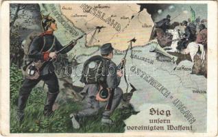 1915 Sieg unsern vereinigten Waffen! / WWI German and Austro-Hungarian K.u.K. military art postcard, Viribus Unitis propaganda. L&P 1637. (EK)