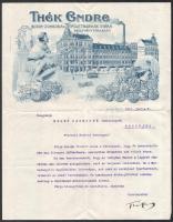 1916 Bp., Thék Endre Bútor-zongora és Épületmunkák Gyára Részvénytársaság fejléces levélpapírjára írt levél, rajta az épület képével