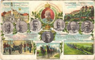 1908 Üdvözlet a veszprémi hadgyakorlótérből. Őfelsége a császár és király jelenléte alkalmából készült emléklap. Ferenc József, Schönaich, Graf Üxküll, Franz Ferdinand, Konrad Hötzendorf, Erz. Friedrich, Steininger, Gerba / Greeting card from the military practice area of Veszprém. Memorial card of Franz Jospehs visit. Art Nouveau, litho (b)