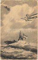 SM Kriegsmarine Viribus Unitis. K.u.K. Kriegsmarine, Seeflugzeug / WWI Austro-Hungarian Navy art postcard, battleship, naval aircraft, seaplane s: P. Jaritz (vágott / cut)