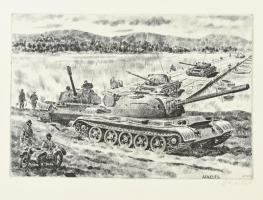 Gönczi Béla (1934): A Magyar Néphadsereg 12 db rézkarc, jelzett 19,5x29 cm Műbőr mappában magyar cím...