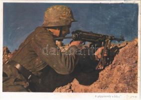 Második világháborús német katonai lap. A géppisztoly a közelharc fegyvere. Dr. Bohne haditudósító felvétele. Reproduktion und Offsetdruck Carl Werner / WWII German military infantry with machine gun (r)