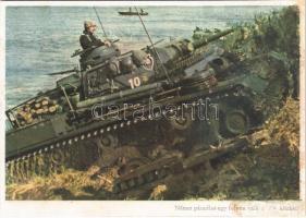 Második világháborús német katonai lap. Német páncélos egy folyón való átkelés közben. Huschke haditudósító felvétele. Reproduktion und Offsetdruck Carl Werner / WWII German military, panzer crossing a river (r)